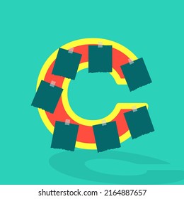 Sticky paper or image space on the letter C. photo collage and fun sticker paper letter. Frames for clipping masks are available in the vector file. Template for photo album.