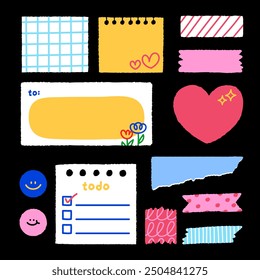 Sticky Paper Note Set with Grid Pattern and Todo List and Tape in Colorful Flat Doodle Style Vector Illustration