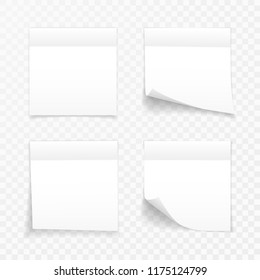 Sticky Paper Note with Shadow Effect. Blank White Memo Note Stickers for Posting Isolated on Transparent Background. Vector Illustration.