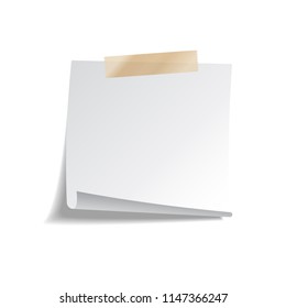 Sticky paper note with tape and shadow isolated on white background. Blank.