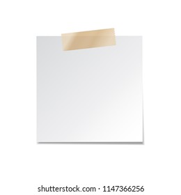 Sticky paper note with tape and shadow isolated on white background. Blank.