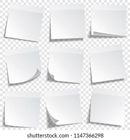 Sticky paper note with tape and shadow isolated on transparent background. Blank. Set
