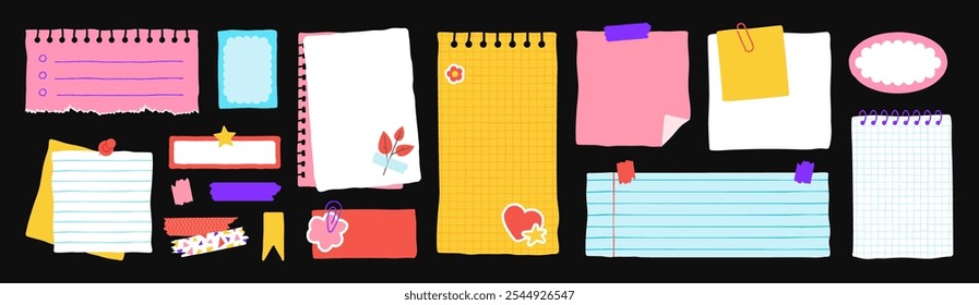 Sticky paper notes for daily planner, hand drawn memo sheet stickers. Cute notebook sheets template doodles, paper note with washi tape, to-do list and reminder, blank diary pages vector set