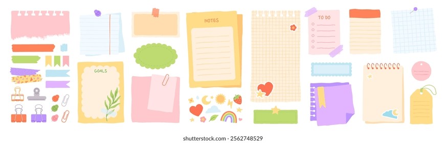 Sticky paper notes for daily planner, hand drawn memo sheet stickers. Pins and paper clips, notebook sheets doodles, paper note with washi tape, to-do list and reminder, blank diary pages vector set