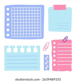 Sticky paper notes for daily planner. Paper clips, to-do list and reminder, blank diary pages vector set