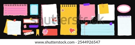 Sticky paper notes for daily planner, hand drawn memo sheet stickers. Cute notebook sheets template doodles, paper note with washi tape, to-do list and reminder, blank diary pages vector set