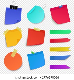Sticky paper notes. Notepaper sheet, paper memo colorful stickers, sticky business post  pin note isolated vector illustration icons set. Sticker reminder, stick blank remember