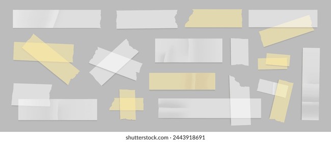 Sticky paper stripes mega set in flat graphic design. Collection elements of different transparent adhesive tapes with torn edges, white and yellow ripped fix scotch templates. Vector illustration.