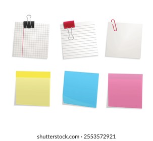 Sticky papers with pin clips memo bank business notes vector template stock illustration