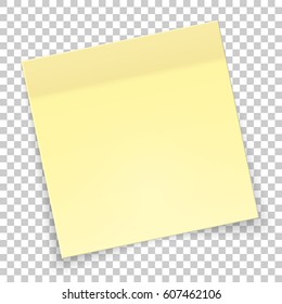 Sticky piece of yellow paper with shadow, sticker note for reminding, list, notice, info. Vector illustration isolated on transparent background.