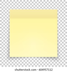 Sticky piece of yellow paper, sticker note for reminding, list, notice, info. Vector illustration of paper template isolated.