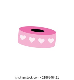 Sticky pink paper tape with hearts for notebook, diary. Bobbin, roll of adhesive tape. Time to school. Children's cute stationery subjects. Back to school, science, college, education, study