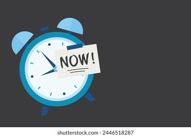 Sticky post with handwriting the word - Now. Sticker note on alarm clock on black background with copy space for text. Stop procrastination, self discipline or motivation to complete task. flat vector