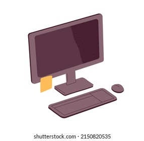 Sticky Post Note On Desktop Computer Screen. Memo Paper, Reminder On Office Monitor. Blank Yellow Memory Sticker, Notice On PC. Flat Vector Illustration Isolated On White Background