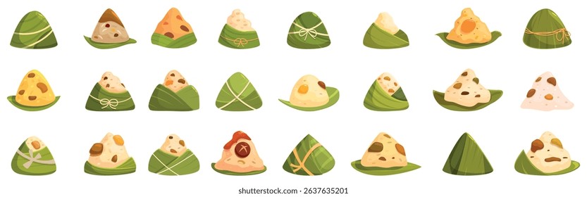  Sticky rice dumpling icons set. Various zongzi fillings and wrappings, showcasing the diversity of this traditional chinese dish