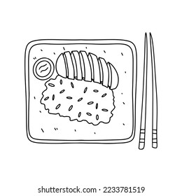 Sticky rice with fresh ripe mango with coconut milk in hand drawn doodle style. Traditional Thai meal.