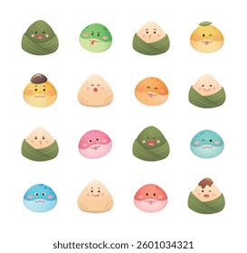 Sticky rice and snake mascot avatar set, flat illustration, Chinese festival Dragon Boat Festival