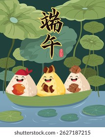 Sticky Rice Squad Celebrates Dragon Boat Day. Vector rice dumplings cartoon character illustration. Caption: Dragon Boat Festival. 