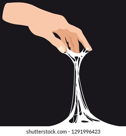 Sticky Slime, Reaching For Stuck By The Hand Between Fingers, White Banner Template. Glue Jelly The Substance Is Sticky, Tension, Elasticity. Popular Children S Sensory Toy Vector Illustration