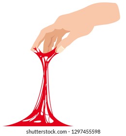 Sticky slime, reaching for stuck by the hand between fingers, white banner template. Glue Jelly The substance is sticky, tension, elasticity. Popular children s sensory toy vector illustration