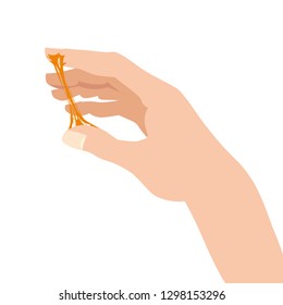 Sticky slime, reaching for stuck by the hand between fingers, white banner template. Glue Jelly The substance is sticky, tension, elasticity. Popular children s sensory toy vector illustration