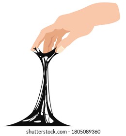 Sticky slime, reaching for stuck by the hand between fingers, white banner template. Glue Jelly The substance is sticky, tension, elasticity. Vector illustration cartoon