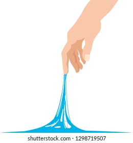 Sticky slime reaching stuck for hand, blue banner template. Popular children s sensory toy vector illustration. Cartoon liquid slime isolated background. Glue Jelly The substance is sticky, tension