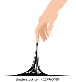 Sticky slime reaching stuck for hand, black banner template. Popular children s sensory toy vector illustration. Cartoon liquid slime isolated background. Glue Jelly The substance is sticky, tension