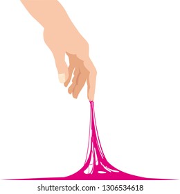 Sticky slime reaching stuck for hand, pink banner template. Popular children s sensory toy vector illustration. Cartoon liquid slime isolated background. Glue Jelly The substance is sticky, tension