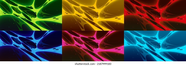 Sticky slime texture set in green, red, blue, yellow, pink color. Cartoon illustration of liquid melting substance stretching and glowing. Background for magic super power transformation in game