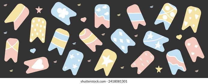 Sticky strips. Colored decorative tape mini washi sticker decoration, fabric strip, blank tags labels stickers. Vector illustration.
