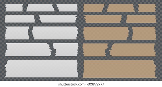Sticky tape pieces of different size and colors on transparent background isolated. Vector illustration.