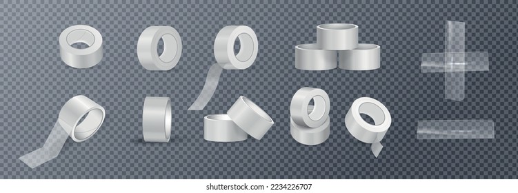 Sticky tape rolls and pieces realistic set isolated on transparent background vector illustration