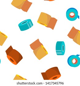 Sticky Tape Rolls Vector Color Icons Seamless Pattern. Adhesive Tape Roll, Office Supply, Stationery Linear Symbols Pack. Masking Sellotape, Plaster. Decorative Ribbons, Bandage Illustrations