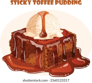 Sticky Toffee Pudding with Vanilla Ice Cream Scoop. Traditional British Confectionery Dessert Isolated 