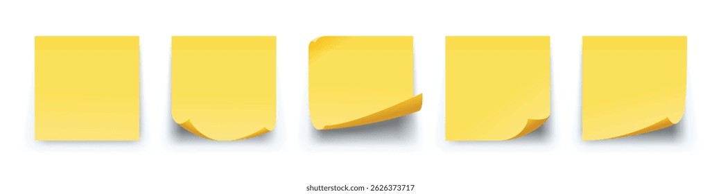Sticky yellow paper with curl blank realistic set. Curled sticky notes office stationery.