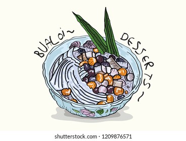 Sticy rice pearls in coconut milk with poached egg in light syrup.
