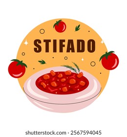 Stifado stewed meat with onions. Greek cuisine, dish, food. Vector illustration