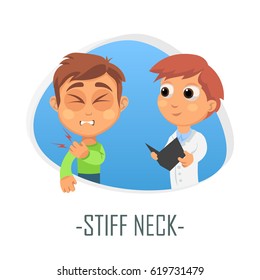 Stiff neck medical concept. Vector illustration. Doctor and patient are talking in the hospital. Isolated on white background.