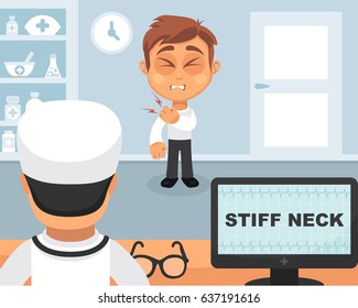 Stiff neck medical concept. Vector illustration. Doctor and patient are talking in the hospital. Isolated on white background.