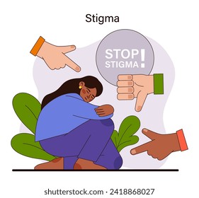 Stigma-Konzept. Illustration eines Individuums, das mit gesellschaftlichem Urteilsvermögen konfrontiert ist, mit einem Aufruf, das Stigma zu beenden. Herausforderungen von Vorurteilen und die Notwendigkeit von Mitgefühl und Verständnis. Flache Vektorgrafik.