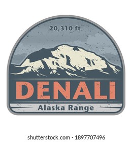 Stiker or label with Denali (also known as Mount McKinley) mountain peak. Vector illustration