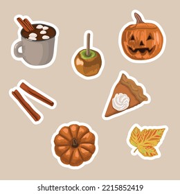 Stikers Halloween. Scary pumpkin, cinnamon, cocoa, baked sweet apple, pumpkin cake with cream