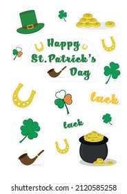 stikers for Saint Patrick's day with tobacco pipe, hat, clover, trefoil, horseshoe, pot of coins, luck	
