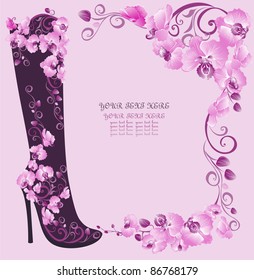 Stiletto high heels decorated of flowers on a pink orchids background