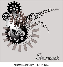 Stilized mechanical collage with gear weels. Inscription "Steampunk"