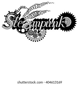 Stilized mechanical collage with gear weels. Steampunk label