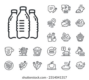 Still aqua drink sign. Crepe, sweet popcorn and salad outline icons. Water bottles line icon. Liquid symbol. Water bottles line sign. Pasta spaghetti, fresh juice icon. Supply chain. Vector