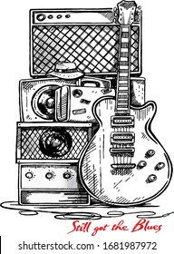 Still got the blues illustration. Handmade vector illustration of old guitar with speakers. Art in stylized, free and uncluttered lines. Drawing alluding to the Blues.