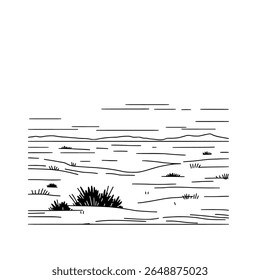 Still Lake Scene in Line Art with Floating Grass for Calm Nature Illustration and Landscape Design